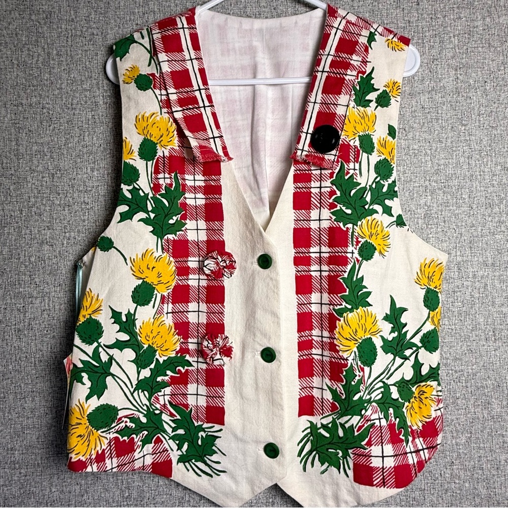 Handmade Vintage Floral Plaid Red Green Yellow Thistle Ugly Christmas Vest M/LG - Picture 1 of 5